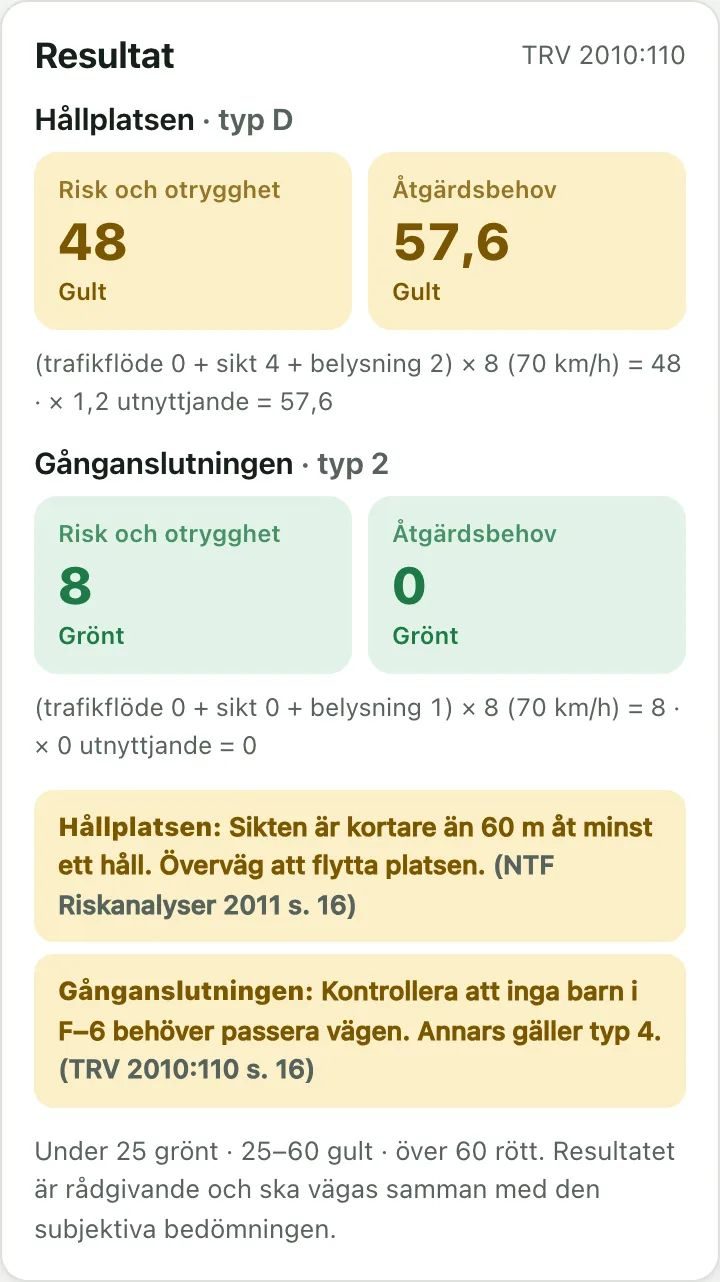 Resultat för en hållplats i mobilen med uträkning