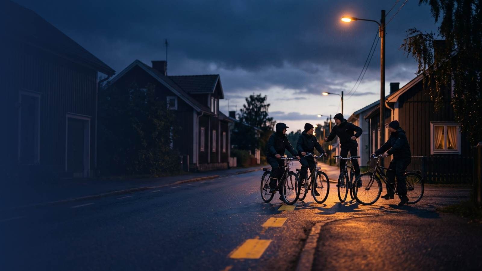 Ungdomar med cyklar i skymningen
