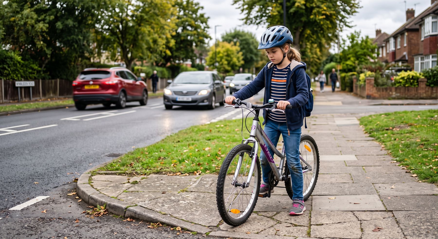 Elev med hjälm och cykel väntar vid en korsning
