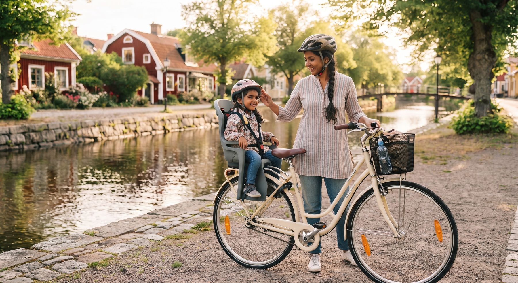 Förälder spänner fast barnets hjälm i cykelsitsen