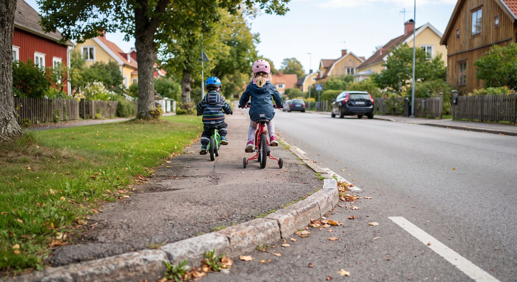 Två barn cyklar på cykelbanan längs en villagata