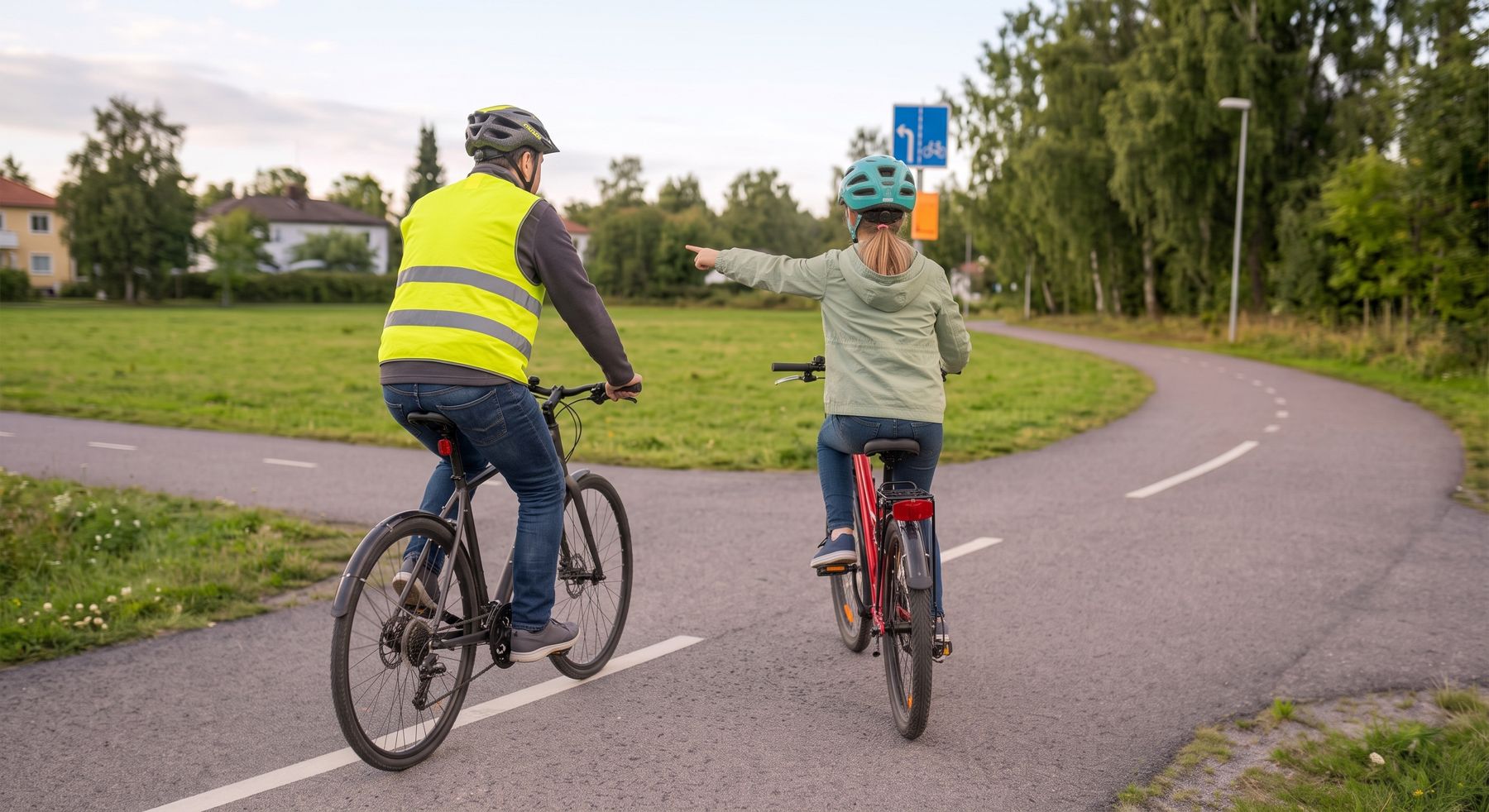 Pedagog i gul väst och elev cyklar på cykelbanan och visar tecken för sväng